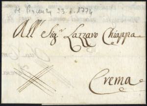 1774, lettera da Piacenza il 23.8.per Crema ... 