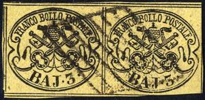 1858, 3 b. giallo paglia, coppia orizzontale ... 
