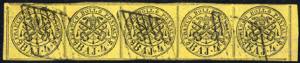 1852, 4 b. giallo, striscia di cinque con ... 