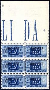 1949-53, pacchi postali 100 L. in striscia ... 