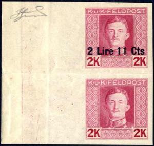 1918, 2 Lire 11 Cts su 2 K. carminio coppia ... 