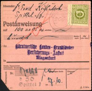 1945, Postanweisung von Spittal a.d. Drau am ... 