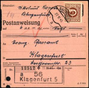 1945, Postanweisung von Klagenfurt am 27.10. ... 
