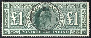 1911, £ 1 deep green, cancelled by a ... 