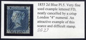 1855, 2 d blue plate 5; a very fine used ... 