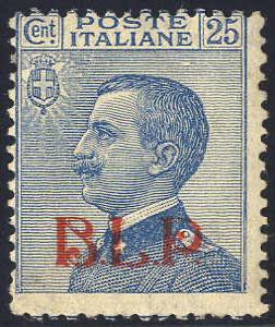 1921, 25 Cent. azzurro, gomma parziale (U. + ... 