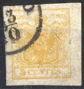 1850, 5 Cent. giallo arancio chiaro, cert. ... 