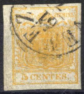 1850, 5 Cent. giallo arancio, Randdruck a ... 