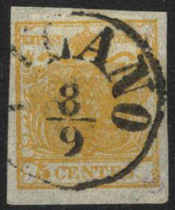 1850, 5 Cent. arancio, carta a seta,cert. ... 