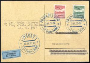 1937, Erstflug Prag - Liberec, frankierte ... 