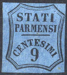1853/57, 9 Cent. azzurro, senza gomma (Sass. ... 