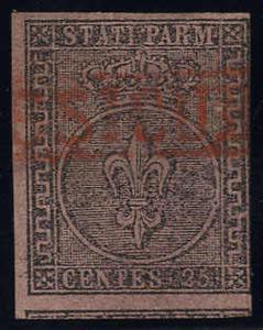 1852, 25 Cent. violetto, annullo rosso (S. 4)