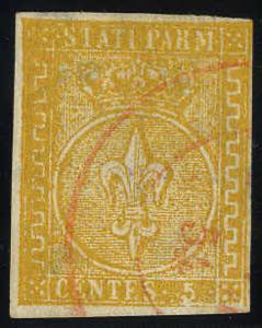 1853/55, 5 Cent. giallo arancio, annullo ... 