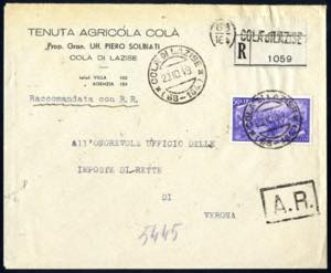 1948, lettera raccomandata AR da Colla di ... 