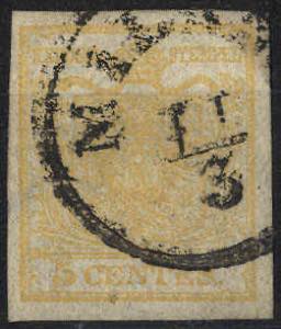 1850, 5 Cent. giallo ocra, usato, cert. ... 