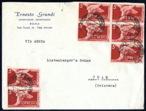 1946, 5 Lire rosso bruno, blocco di cinque a ... 