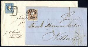 Triest 1858, 15 Kreuzer Brief + 10 Kr. ... 