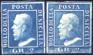 1859, 2 gr. azzurro III tavola, due valori ... 