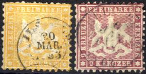 1862, Wappen 3 Kr orange und 9 Kr karmin, ... 