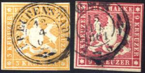 1859, Wappen 3 Kr orange und 9 Kr karmin, ... 