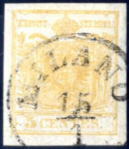 1850, 5 cent. giallo arancio chiaro, usato, ... 