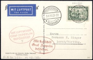 1930, Zeppelinkarte von Kassel am 3.9. nach ... 