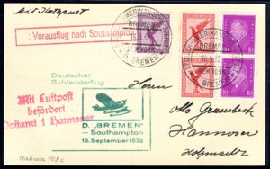 1932, zwei Schleuderflugbelege Bremen-New ... 
