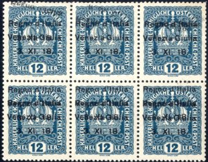 1918, 12 Heller verde azzurro in blocco di ... 