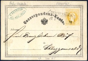 Reichenbach / Eger 27.1. 1874, gelbe 2 Kr. ... 