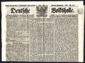 1850, Zeitung Deutsche Volkshalle vom 19. ... 