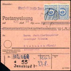 1945, Postanweisung von Innsbruck am 27.8. ... 