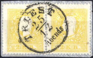 1858, Paar 2 Kr. gelb Type II auf ... 