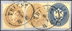 1863, 10 Kr. blau + zwei 15 Kr. braun gez. ... 