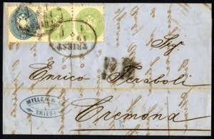 1866, Paar 3 Kr. grün und 10 Kr. blau gez. ... 