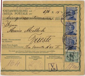 1919, vaglia postale affrancata con 3 valori ... 