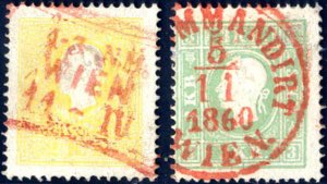 1858, 2 Kr. gelb, 3 Kr. grün, 5 Kr. rot, 10 ... 