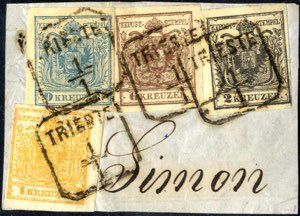 1850, Vierfarbenfrankatur auf Briefstück: 9 ... 