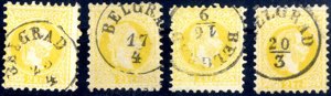 1867, 2 Kr gelb, 4 Werte je mit klaren ... 
