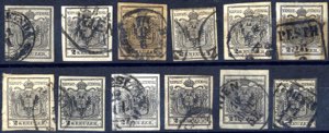 1850, 2 Kr schwarz, 12 gestempelte Werte, ... 
