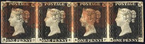 1840, 1 d penny black, horizontal strip of ... 