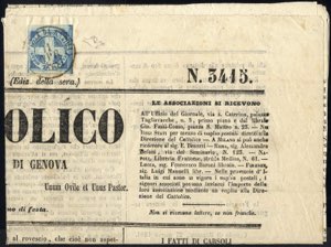 1860, Crocetta, ½ T. azzurro su giornale ... 