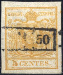 1850, 5 c. giallo arancio I tiratura con ... 
