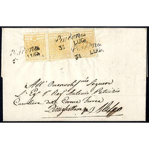 1850, 5 Cent. giallo ocra, striscia di tre, ... 