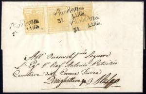 1850, 5 Cent. giallo ocra, striscia di tre, ... 
