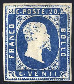 1851, 20 Cent. azzurro, IV° riporto, nuovo ... 