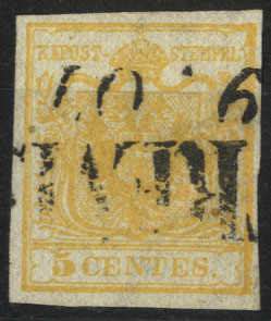 1850, 5 Cent. giallo arancio, filigrana, ... 