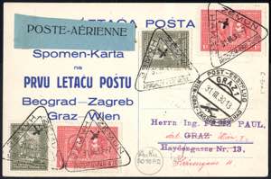 1930, Post - Erstflug Belgrad - Graz, Karte ... 