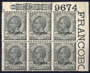 1921/22, Patmos, 15 Cent. grigio, blocco di ... 