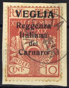 1920, Veglia, 10 Cent. carminio su frammento ... 