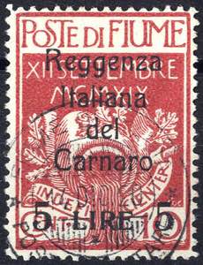1920, Reggenza, 5 Lire su 10 Cent. carminio, ... 